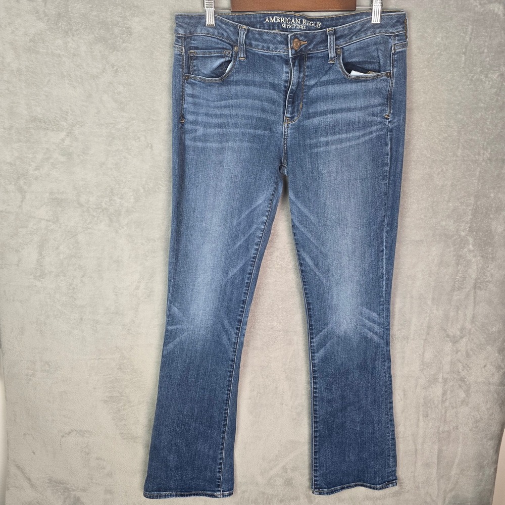 American Eagle Skinny Kick Jeans Womens 14 Long Blue Medium Wash Super Stretch